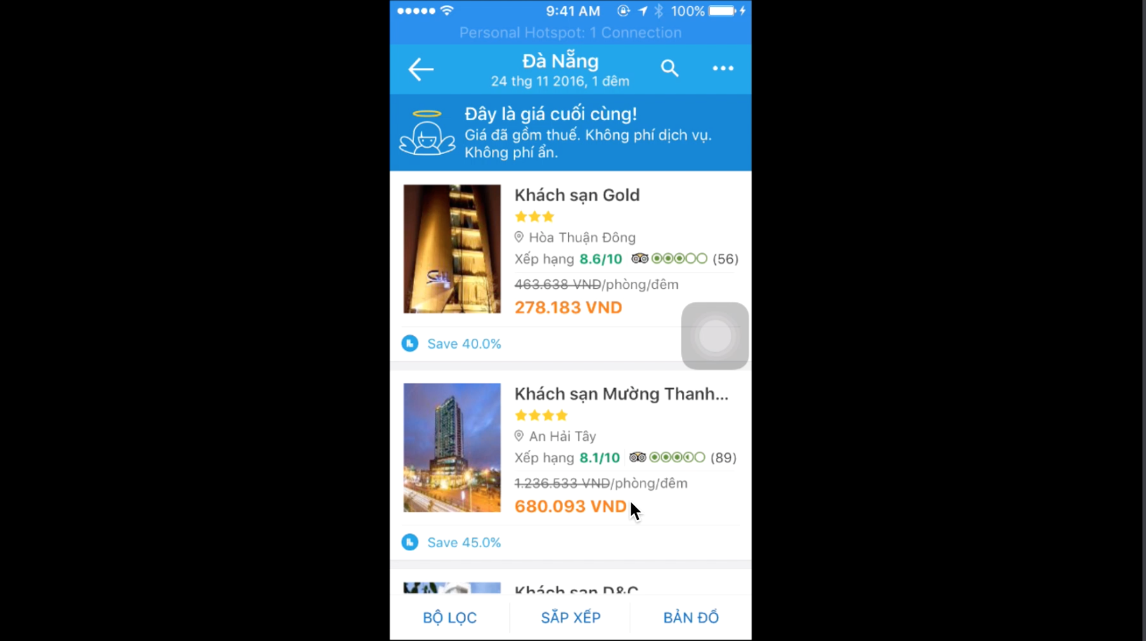 Giá khách sạn mường thành trên app traveloka chỉ 680k rẻ hơn trên web gần 300k, mình chọn cùng ngày cùng địa điểm ở Đà Nẵng nhé